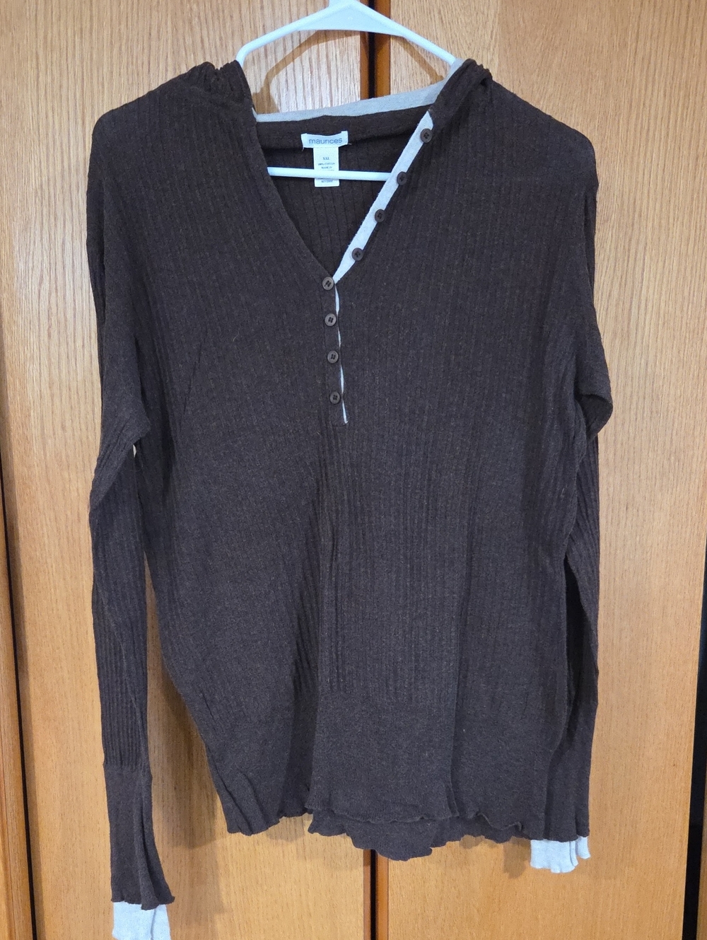 Maurices Dark Brown Ribbed V-Neck Henley Hoodie Sweater